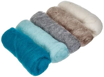 Rayher 5364700 Set of 5 Natural Wool Tops for Felting, Soft Roving for Weaving and Spinning, Winter Mix, 10 g Each, 100% Wool