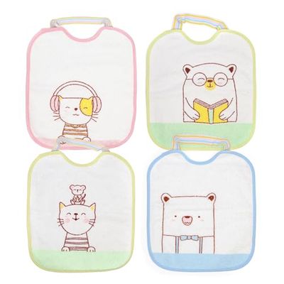 Pack 4 Baberos con Goma Elástica - Rizo de Algodón 90% y Poliéster 10% - Impermeables, Suaves y Absorbentes - Forro de Vinilo - Fácil Lavado y Secado - Ideal Guardería y Bebés - De 6 a 12 meses