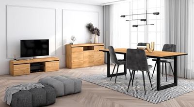 Skraut Home - Woonkamermeubelset | Tafel 200 Front Zwart Tafelpoten U 10 gasten | TV Kast 140 | Sideboard/Buffetkast 140 | Eiken en Zwart | Industriële stijl