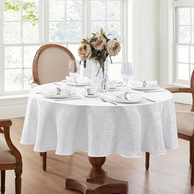 Elrene Damask Tablecloth, Polyester, White, 90" Round