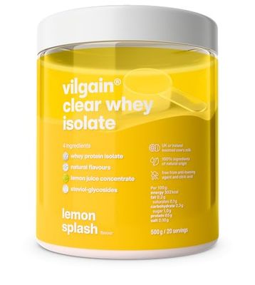 Vilgain Clear Whey Isolate, Fresh Fruity Protein Flavour, Sweetened with Stevia, Over 85% Protein, Natural Ingredients, No Artificial Flavours and Dyes (500 g) (Lemon Splash)