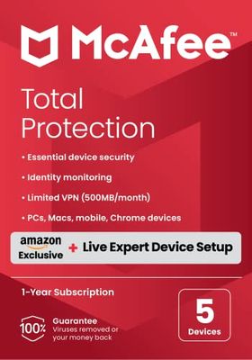 McAfee Total Protection 2023 + New Device Setup | Amazon Exclusive | 5 Device | Antivirus Internet Security Software | VPN | 1 Year Subscription | Download Code | Free Shipping