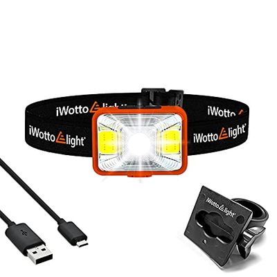 iWotto E light USB-uppladdningsbar LED-strålkastare med justerbart pannband och cykelfäste - hög effekt och 5 lägen - vattentät och dammtät - löpning, fiske, cykling, vandring