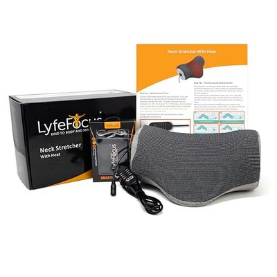 LyfeFocus Neck Stretcher with Heat for Back & Neck Pain - Neck Support Posture Corrector with Firm Nodes Designed to Relieve Muscle Tension. Cover with USB Heat, Control & Power Bank Included.
