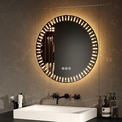 EMKE Specchio da bagno rotondo con retroilluminazione a LED, diametro 50 cm, con anti-appannamento+interruttore tattile+3 colori di luce variabili, specchio decorativo rotondo alla moda, specchio