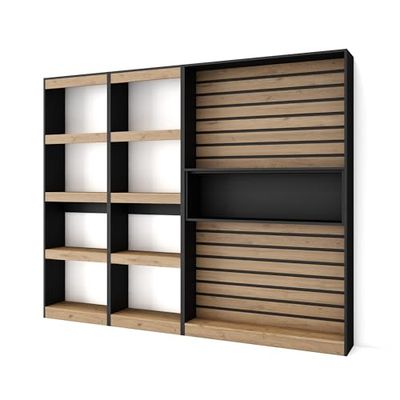 Skraut Home Boekenkast, boekenkast, wandboeken, 230 x 186 x 25 cm, woonkamer, eetkamer, kantoor, met opbergruimte, moderne stijl, eiken en zwart