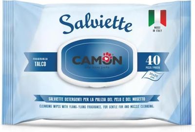 CAMON | Salviette Detergenti per Cani e Gatti, 30x20 cm, Confezione da 40 Pezzi, Fragranza Talco, Senza Alcool etilico né Parabeni, Made in Italy
