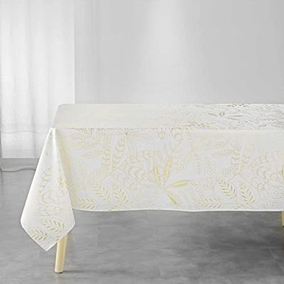 Douceur d'Intérieur, Nappe Rectangle (150 x 300 cm) Belflor Blanc/Or, Polyester Imprimé Métallisé