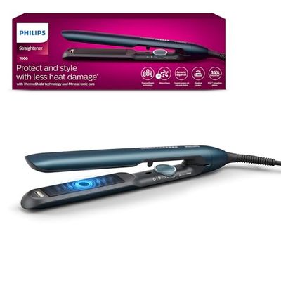 Philips 7000 Series - Lisseur, technologie ThermoShield, ionique, plaques avec revêtement céramique infusé à l'huile d'argan, bleu canard métallisé, modèle BHS732/00