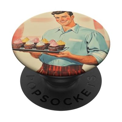 Póster de pinup vintage con diseño de hombre sosteniendo cupcakes PopSockets PopGrip Adhesivo