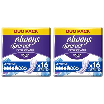 Always Discreet, 16 Serviettes Hygiéniques Incontinence Femme, Long plus 5 Gouttes, Protection Absorbante pour Fuites Urinaires Importantes (Lot de 2)