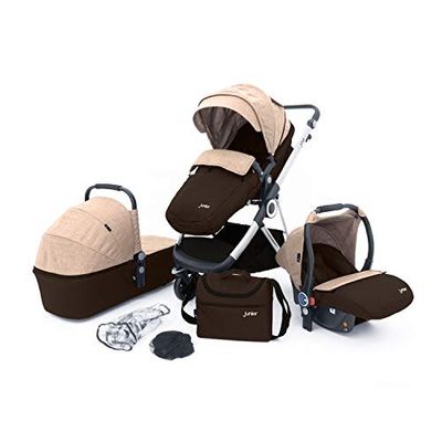 Petex 4028985748522 Barnvagn"Multi-Traveller" kombibarnvagn 3-i-1 komplett set 10 delar med 3 tillbehör, omfattande tillbehör och förkromad ram, beige, 18,8 kg