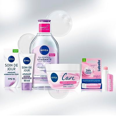 NIVEA Routine Sensitive pour peaux sensibles, Routine visage comprenant soin de jour hydratation 24H, eau micellaire 5-en-1, crème apaisante & Labello Pearly Shine