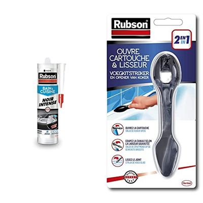 Rubson Mastic Bain & Cuisine Couleur Noir Intense, Joint silicone multi-matériaux renforcé en antifongiques, mastic sanitaire coloré, souple & étanche, 280 ml & Ouvre cartouche et lisseur