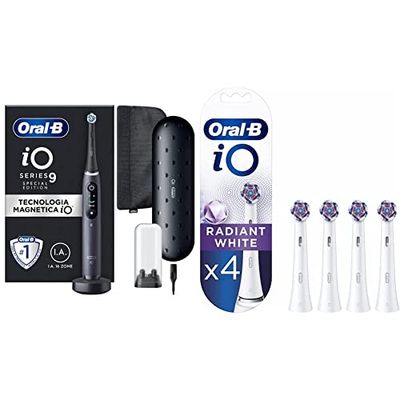 Oral-B iO9 Cepillo de Dientes Eléctrico con Mango Recargable, Tecnología Magnética iO, Cargador & iO Radiant White Recambios para Cepillo de Dientes Eléctrico, Blanco - Originales