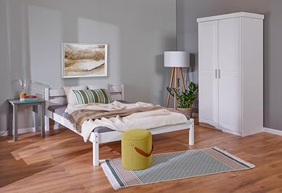 Letto in legno massiccio VILMO 140x190 cm Bianco con rete a doghe