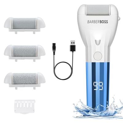BarberBoss Rechargeable Callus Remover, Electric Pedicure Tool for Feet, Hard Skin & Dead Skin Removal Kit, Foot Care Roller Device, Complete Foot Grooming Kit