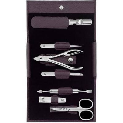 ZWILLING Conjunto de manicure (7 peças, conjunto de pedicure, estojo de viagem, cuidado com unhas, couro autêntico), aço inoxidável polido, roxo