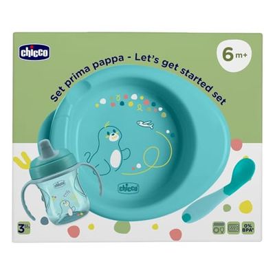 Chicco Voedingsset bestaande uit trainingscup, eerste lepel, bord voor warm gerechten, vanaf 6 maanden, 0% BPA, blauw