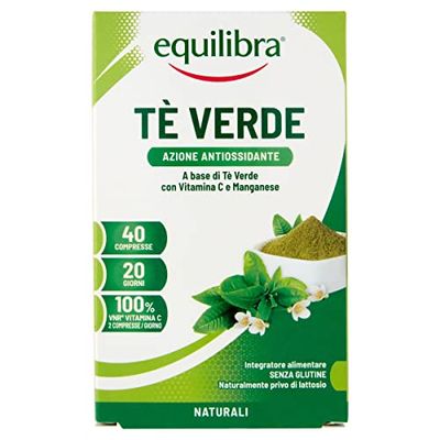 Equilibra Integratori Alimentari, Tè Verde, Integratore Antiossidante con Vitamina C e Manganese, Drenaggio dei Liquidi Corporei e Protezione delle Cellule dallo Stress Ossidativo, 40 Compresse