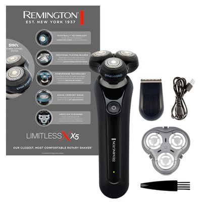 Remington, Rasoio elettrico barba, Uomo, con testine rotanti flessibili X5 Limitless, Wet & Dry, tecnologia SynX Hybrid, accessorio Rifinitore, Cordless, USB, XR1755