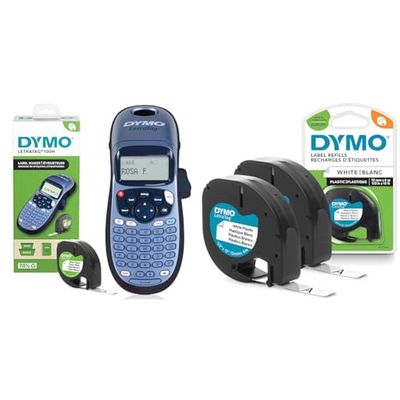 DYMO LetraTag LT-100T Etichettatrice | Macchina etichettatrice palmare & LetraTag etichette originali in plastica – rotolo da 12 mm x 4 m – stampa nera su bianco