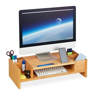 Relaxdays Monitorstandaard bamboe, ergonomische monitorstandaard, verstelbare vakken, opbergruimte, monitor, laptop, natuur