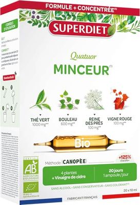 SUPERDIET – QUATUOR MINCEUR BIO – Thé Vert, Bouleau, Reine des Prés, Vigne Rouge – Fabrication française – 4 plantes + Vinaigre de cidre – 20 ampoules de 10 ml