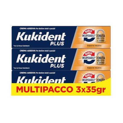 Kukident Plus Morso Insuperabile Crema Adesiva Per Protesi Dentali Totali e Parziali, Sapore Neutro. Confezione da 3x35g