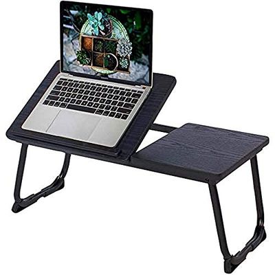 MEUBLE COSY - Mesa de cama con soporte para ordenador portátil plegable (altura regulable, tablero acabado de roble, base de metal, 65 x 30 x 27,5 cm), color negro