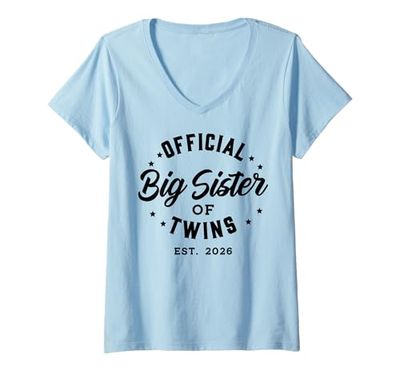 Womens Official Big Sister of Twins 2026 Twins Baby Announcement V-Neck T-Shirt