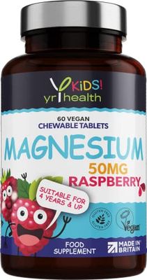 Kids Magnesium Tablets for Sleep, Anxiety and Ticks, 50mg Chewable Raspberry Flavour Magnesium for Kids, Vegan Society Registered Tablets not Gummies, 2 Months Supply - Made in The UK by YrHealth