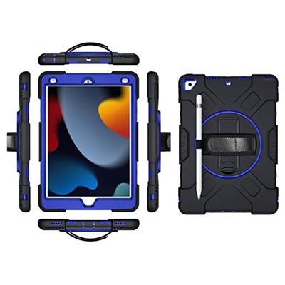 Funda para iPad Air3 2019/iPad Pro 10.5 2017 con Soporte Plegable, Funda Tres en uno a Prueba de Golpes con Soporte para bolígrafo y Correa de muñeca, Color Negro y Azul