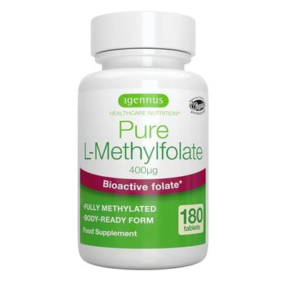 Pure L-Methylfolate 400 mcg, Acide Folique (vitamine B9) sous Forme Biodisponible, sans Additifs Indésirables, pour la Conception & Grossesse, 180 petits comprimés (6 mois), Vegan - par Igennus