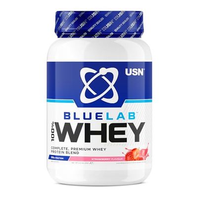 USN Blue Lab Whey - Boisson Protéinée en Poudre, Protéines de Lactosérum & BCAA, Prise de Masse & Récupération, Shaker Post-Entraînement, Saveur Fraise, 908 g, NBLW02