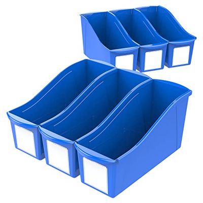 Storex Large Book Bin with Label Pockets, 14.3 x 5.3 x 7 Inches, Blue, 6-Pack (71115U06C)