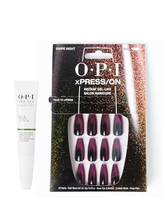 OPI xPRESS/ON Press On Nails & Cuticle Oil, 30 Pcs Reusable False Nails with up to 14 Days of Wear, Deeply Nourishing Cuticle Oil, Gel-Like Salon Manicure, Vegan, Swipe Night Black Nail Polish
