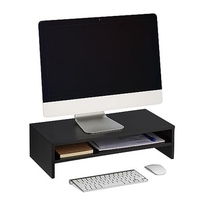 Relaxdays Support pour Moniteur, Rangement supplémentaire, Design Moderne, pour Le Bureau, HLP 14,5x54x25,5 cm, Noir