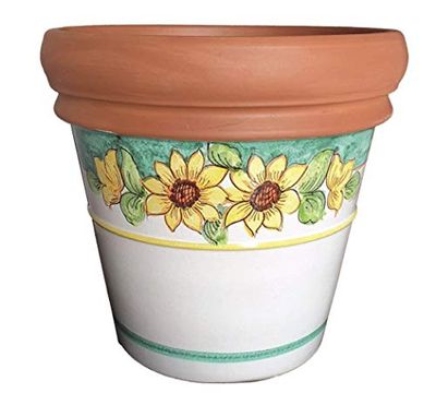 VASO CON GIRASOLI IN CERAMICA DI VIETRI DIPINTO A MANO + SOTTOVASO IN TERRACOTTA; FIORIERA DIAMETRO CM. 40, ALTEZZA CM. 36 CACHEPOT TERRACOTTA COTTO ULIVI CYCAS