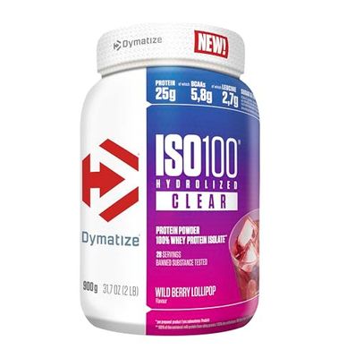 Dymatize ISO 100 Hydrolyzed Clear Wid Berry Lollipop 900g Hidrolizado de proteína de suero transparente + aislado en polvo