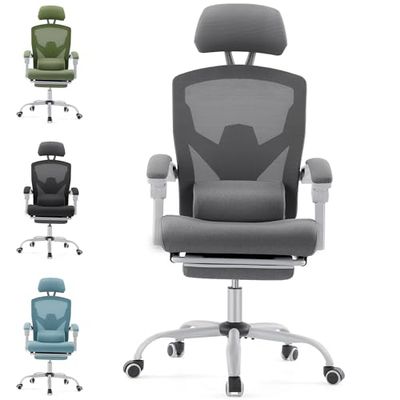 DUMOS Ergonomische bureaustoel, een bureaustoel met comfortabele armleuningen, uitgerust met een comfortabele lendensteun en voetensteun, geschikt voor thuis