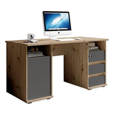 Stella Trading Primus 2 Bureau avec tiroirs, Aspect chêne Artisan/Anthracite - Bureau Informatique pour Le Home Office avec Espace de Rangement et casiers Ouverts - 145 x 74 x 65 cm (L/H/P)