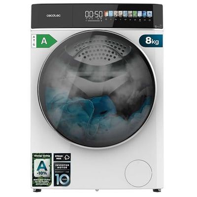 Cecotec Lavadora 8Kg Carga Frontal Bolero Dresscode 8900 Inverter Fullcolor A. 1400RPM, 11 Programas, Bajo Consumo, Motor Inverter Plus, Pantalla Fullcolor 10,3", Vapor, Clase A-10%, Blanco