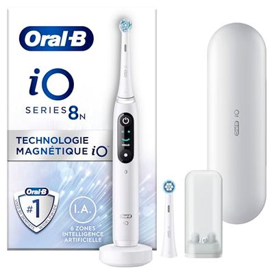 Oral-B iO 8N Brosse À Dents Électrique Blanche connectée Bluetooth, 2 Brossettes, 1 Étui De Voyage, Ensemble de 4 pièces