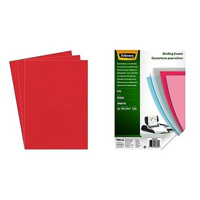 Fellowes 5370305 Copertine Per Rilegatura Delta Fsc, Formato A4, Confezione Da 100 Pezzi, Rosso & Copertine Per Rilegatrice In Pvc Trasparente, 180 Mic, 100 Pezzi, A4