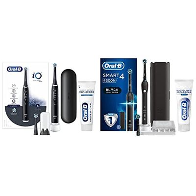 Oral-B Spazzolino Elettrico Ricaricabile iO6 Nero Con Custodia Da Viaggio& Smalto Pro-Repair Classico 75ml & Smart 4 4500 Spazzolino Elettrico Testine Oral B Cross Action