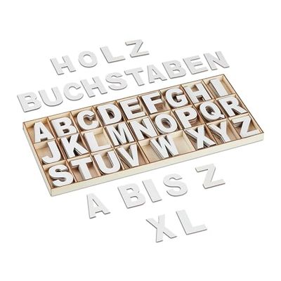 Relaxdays 208-tlg. Holzbuchstaben weiß Set de Letras de Madera, 208 Uds, Mayúsculas A-Z, Hacer Manualidades, Alfabeto Decorativo, con Caja, Blanco, 5,5 cm
