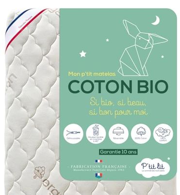 P'tit Lit – babymadrass av ekologisk bomull | 60 x 120 cm | 100% bomull: Naturligt material av vegetabiliskt ursprung | utan kemisk behandling | avtagbar | OekoTex
