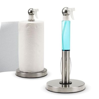 Everyday Solution Paper Towel Holder with 7oz Spray Bottle - Aesthetic Kitchen Countertop Sprayer with Paper Towel Holder and Hidden Spray Bottle - Nozzle Snap-Lock Spray - Rust-Resistant Steel Base