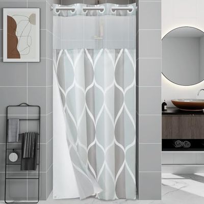 Yiatn Tenda da doccia senza gancio grigia piccola stalla con fodera in tessuto a scatto, stile hotel con finestra superiore in rete trasparente, design geometrico moderno a goccia, impermeabile e